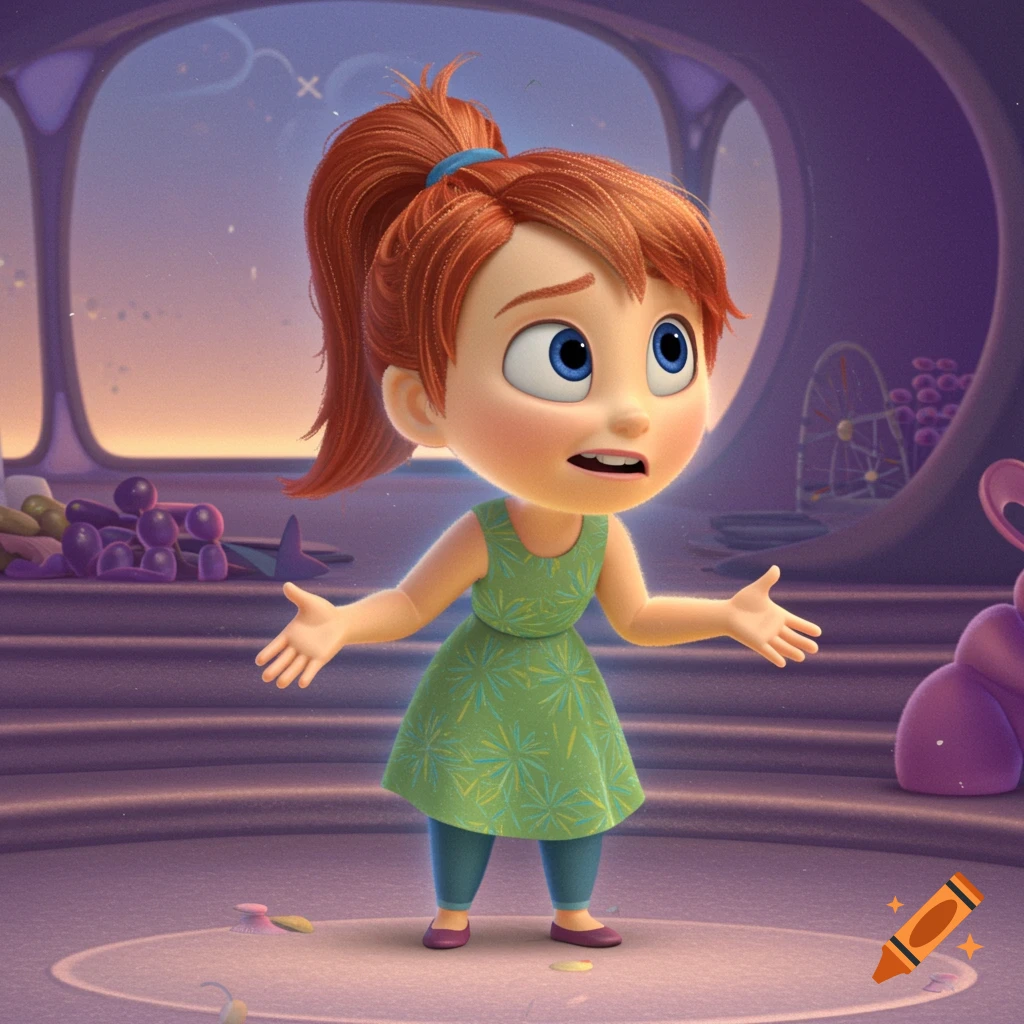Worried animated girl with red hair in the style of Pixar
