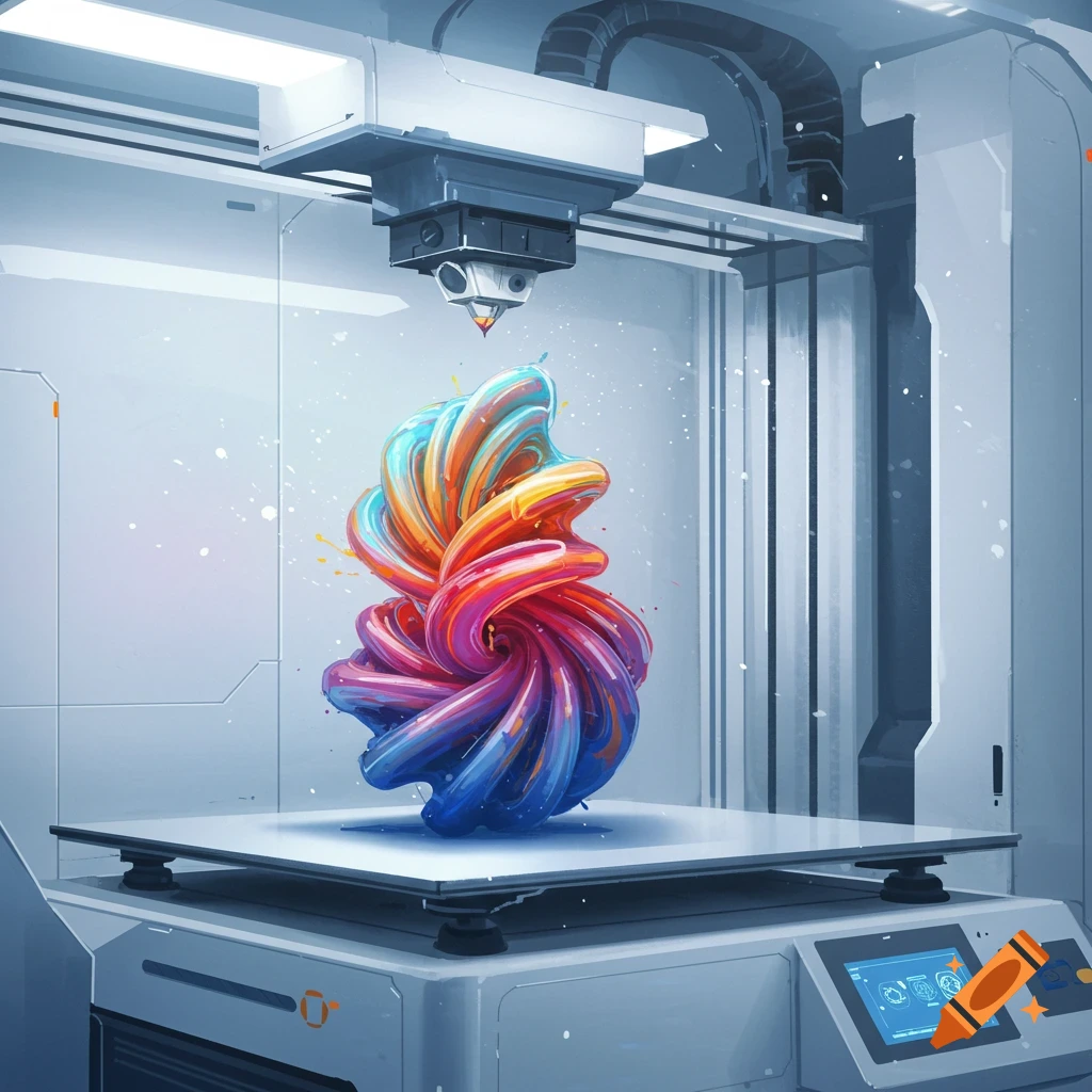 A 3D printer creates a colorful abstract sculpture.