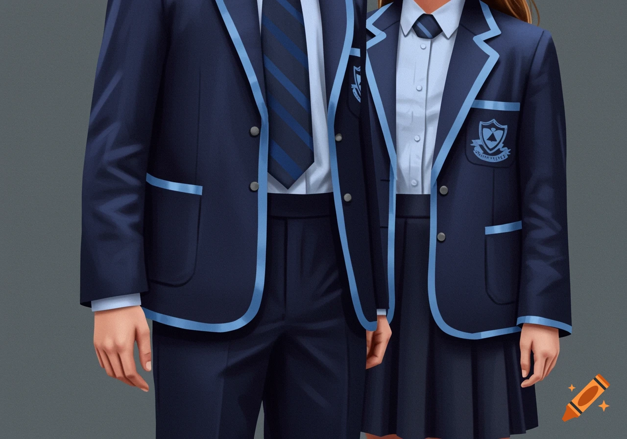 Two people in dark blue school uniforms with light blue trim.