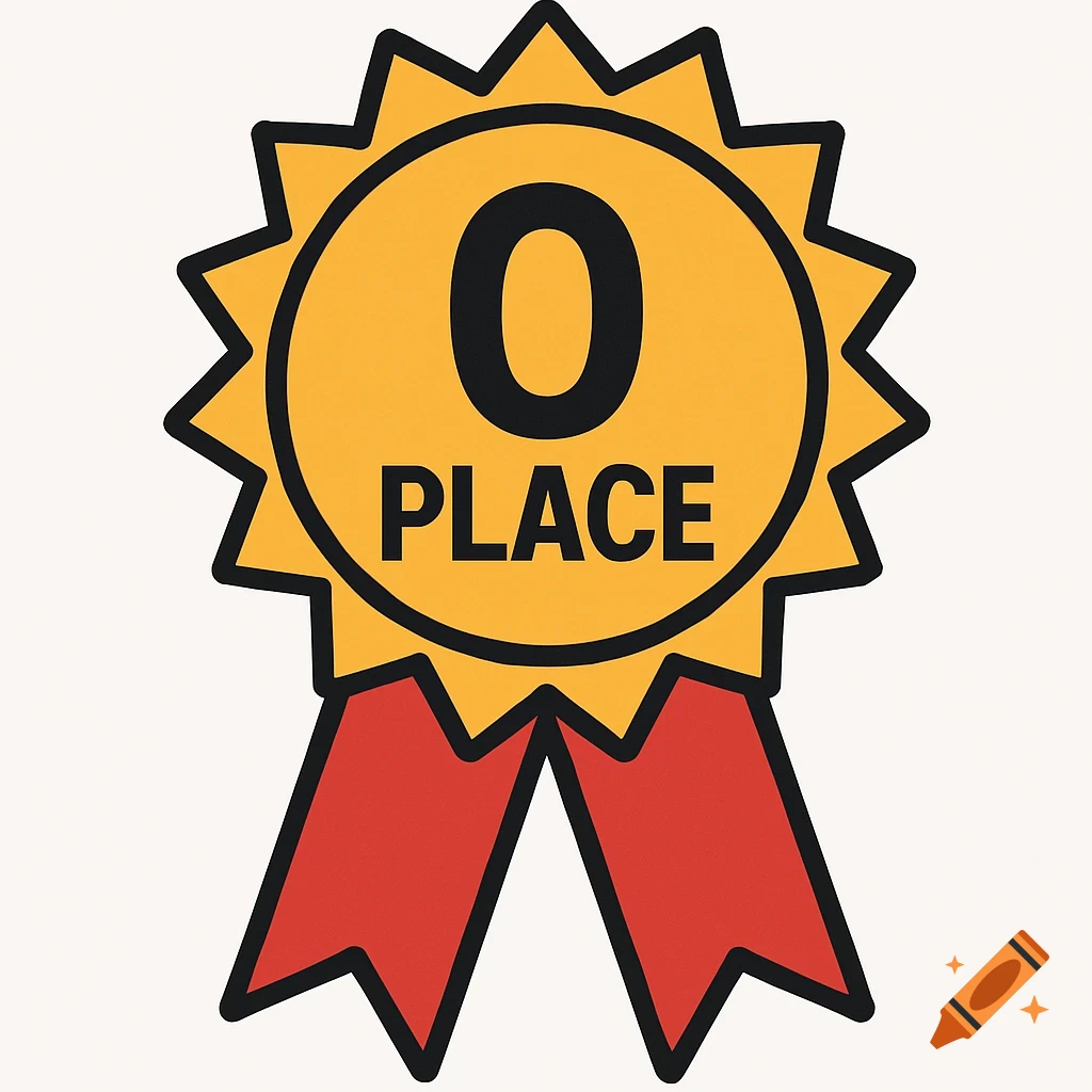 A yellow award ribbon with red streamers has a black circle in the center containing a large black '0' above the word 'PLACE'.