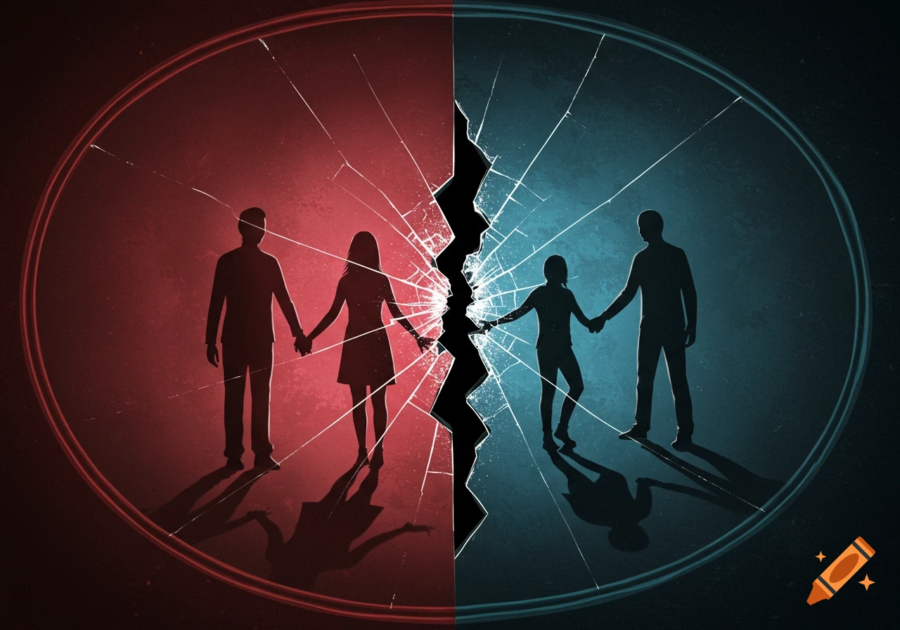 Silhouettes of a couple split by a large crack in a red and blue fractured mirror.