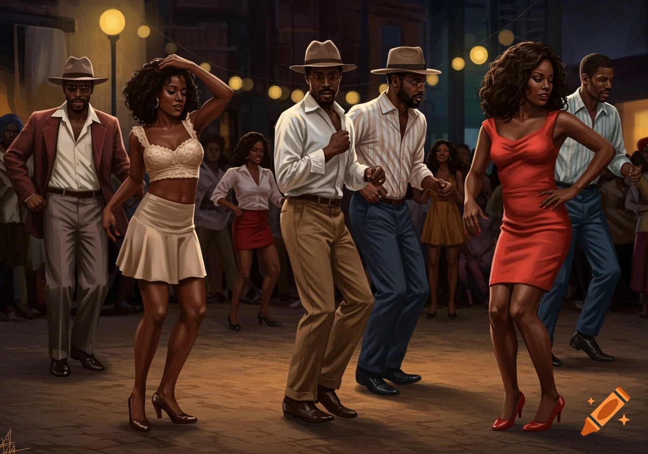 Illustration of Black people line dancing outdoors at night