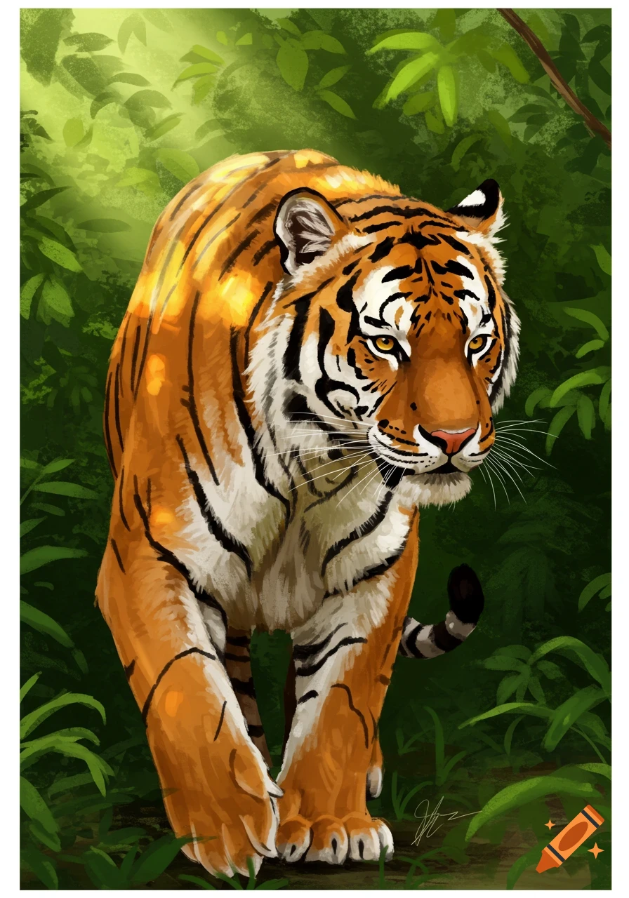 Illustration of a tiger walking through a lush jungle.