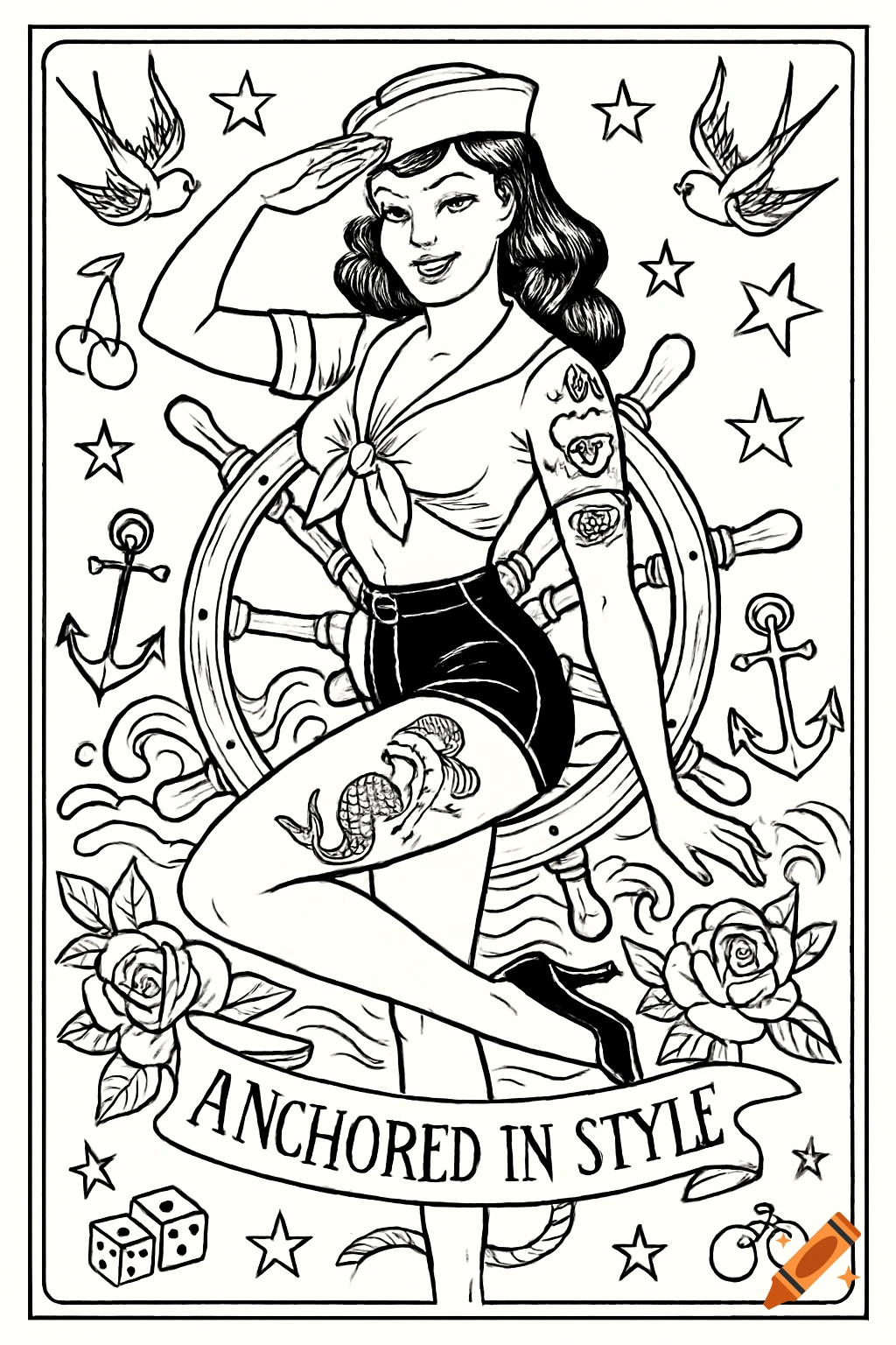 Black and white line art of a pinup sailor girl with tattoos and nautical symbols, standing behind a ship's wheel.