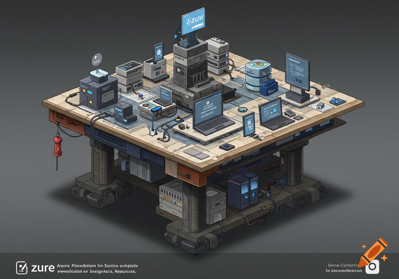 Isometric illustration of a platform filled with computers, servers, monitors, and cables, resembling a technological rig.