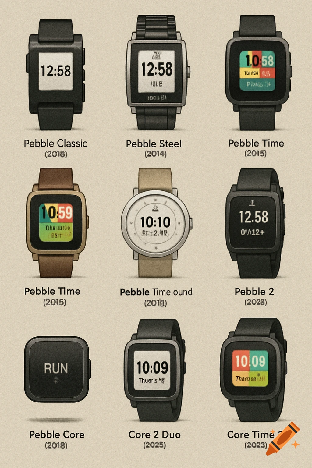 A grid displaying nine different models of Pebble smartwatches and related devices with labels.