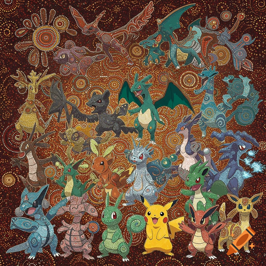 A large group of Pokemon characters depicted in the style of an Australian Aboriginal dot painting.