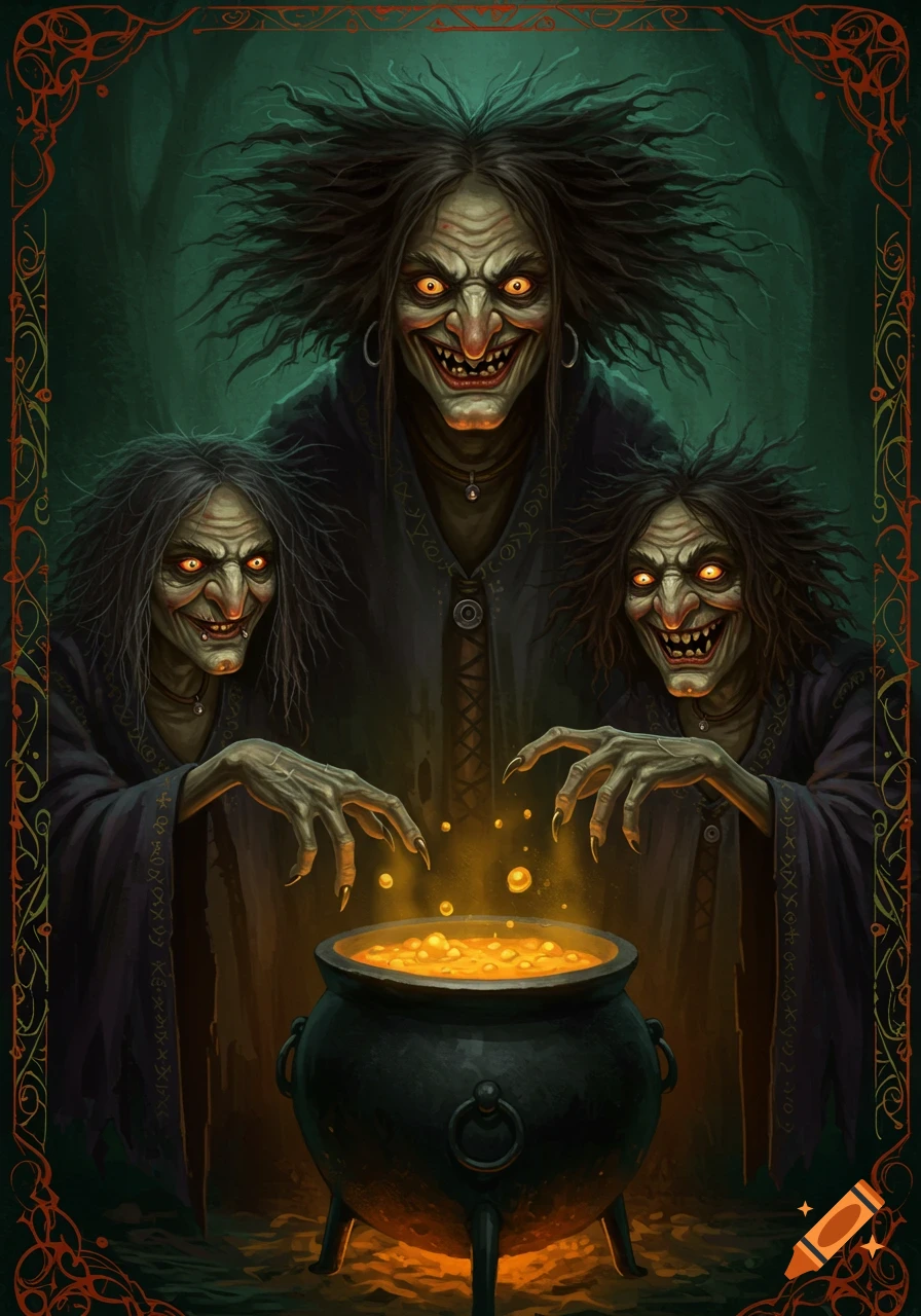 Three grotesque witches with sharp teeth and glowing eyes gather around a bubbling cauldron, their hands reaching over it. Detailed illustration style.