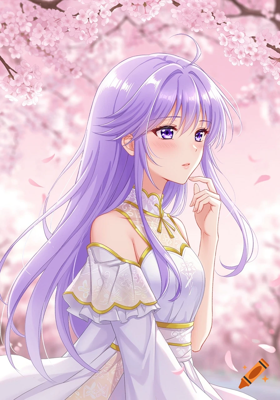Anime girl with purple hair in a white dress under cherry blossoms