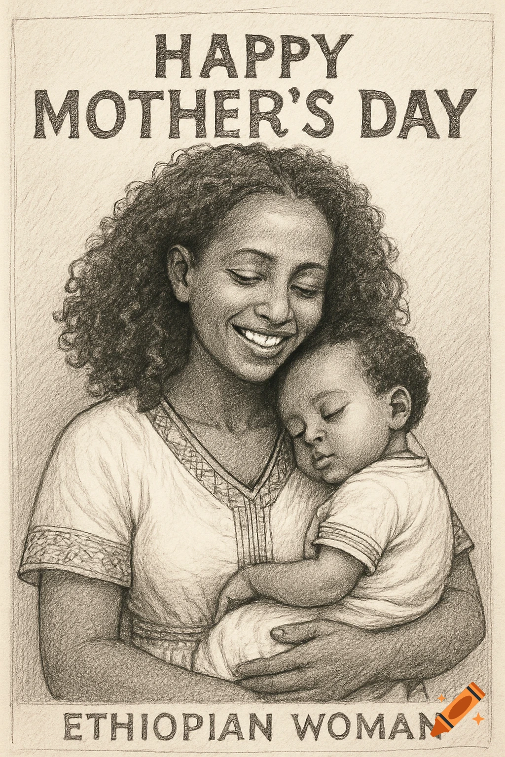 Pencil sketch portrait of an Ethiopian mother smiling while holding her baby. Text reads 'HAPPY MOTHER'S DAY ETHIOPIAN WOMAN'.