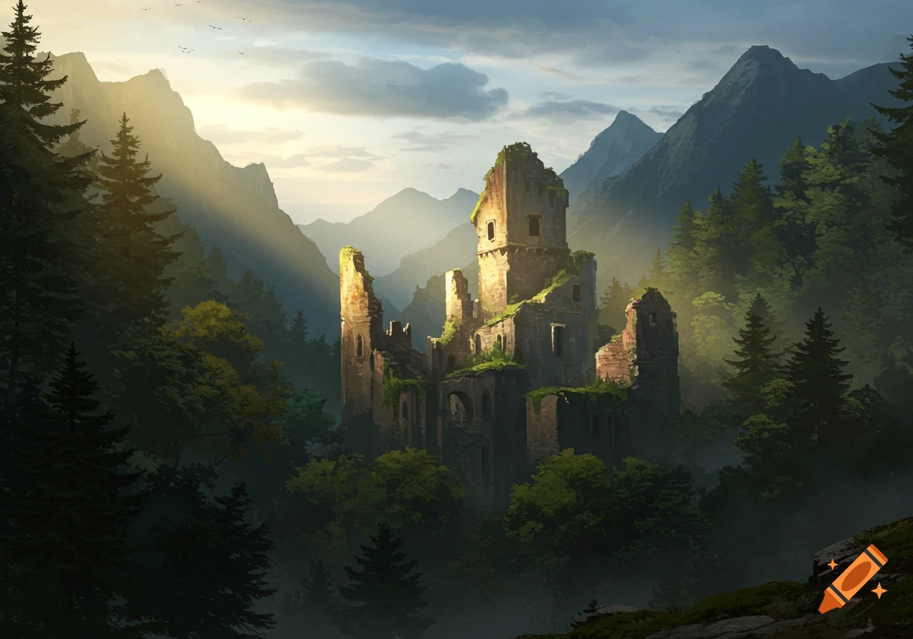 Sunlight streams through a forest clearing onto the ruins of an old stone castle in a mountainous landscape.