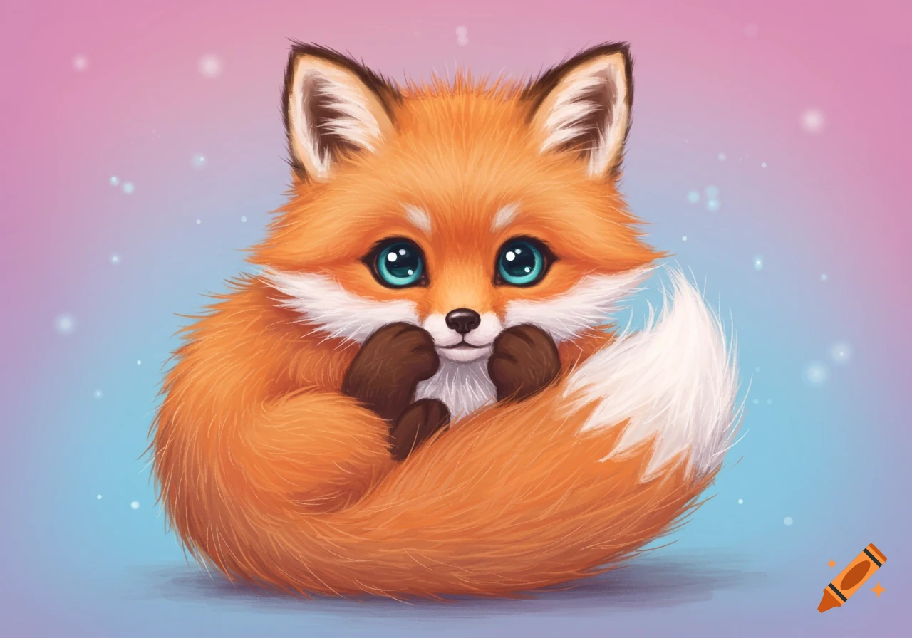 A cute, fluffy orange fox with big blue eyes looks forward while curled up, illustration.