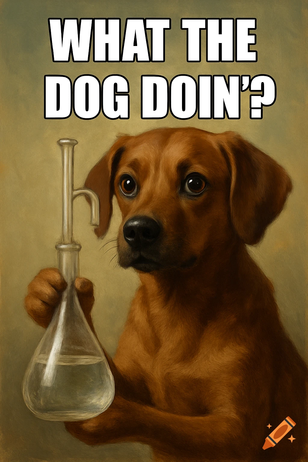 Painting of a dog holding a science flask, with the meme caption "WHAT THE DOG DOIN'?" above it.