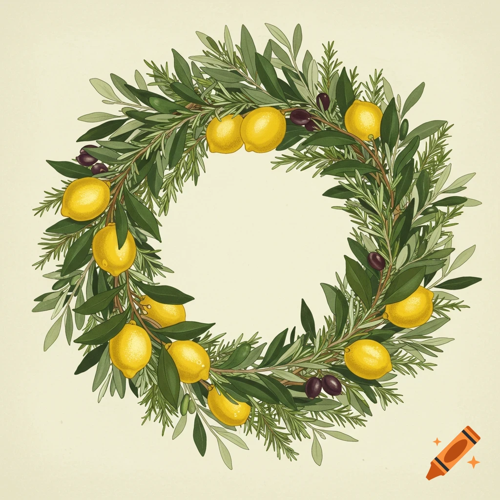 A botanical illustration of a wreath made of lemon branches, olive branches, rosemary, and cypress.