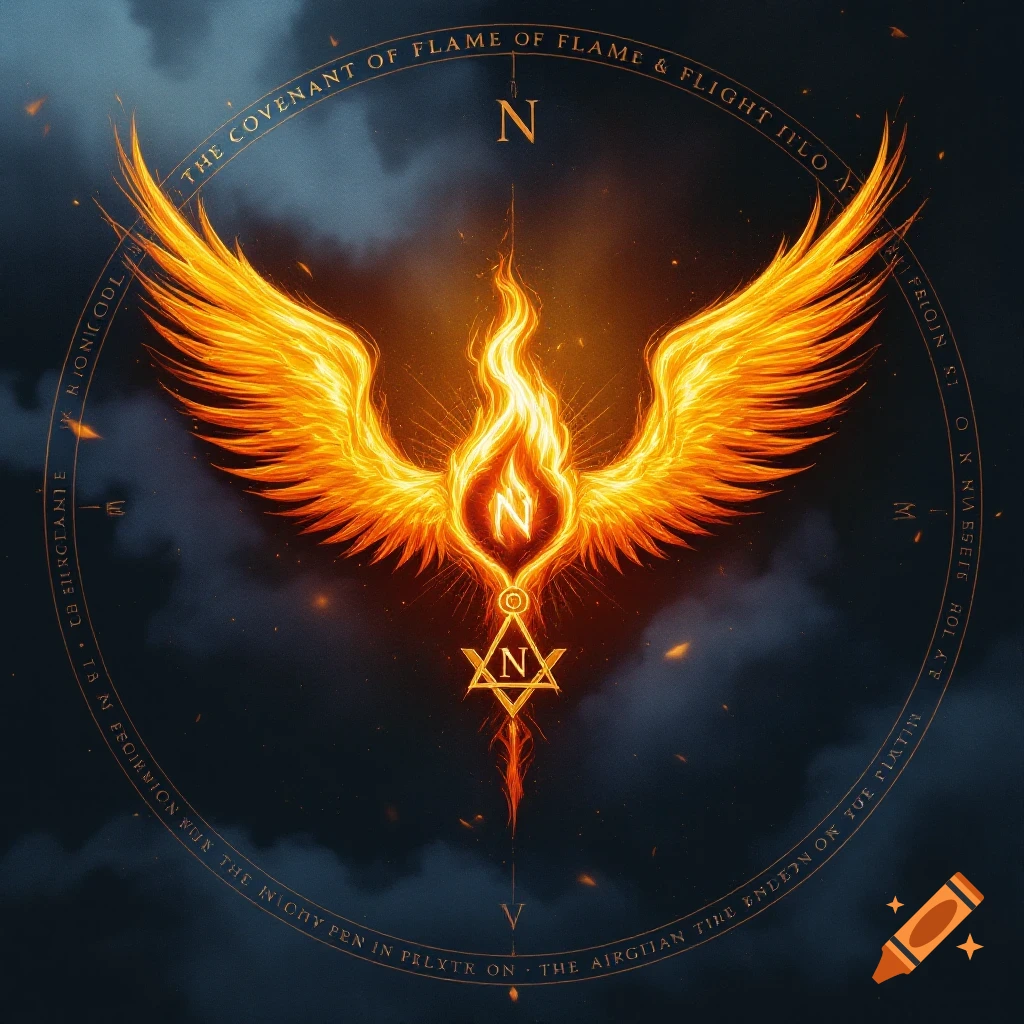 A fiery phoenix symbol with wings spread, a compass rose, and illegible ...