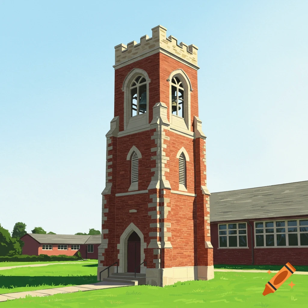 A brick bell tower stands on the lawn of a school campus.