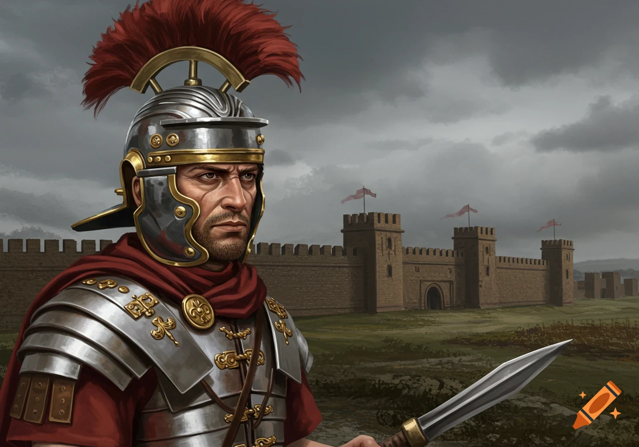 Illustration of a Roman soldier in armor standing in front of a fortress