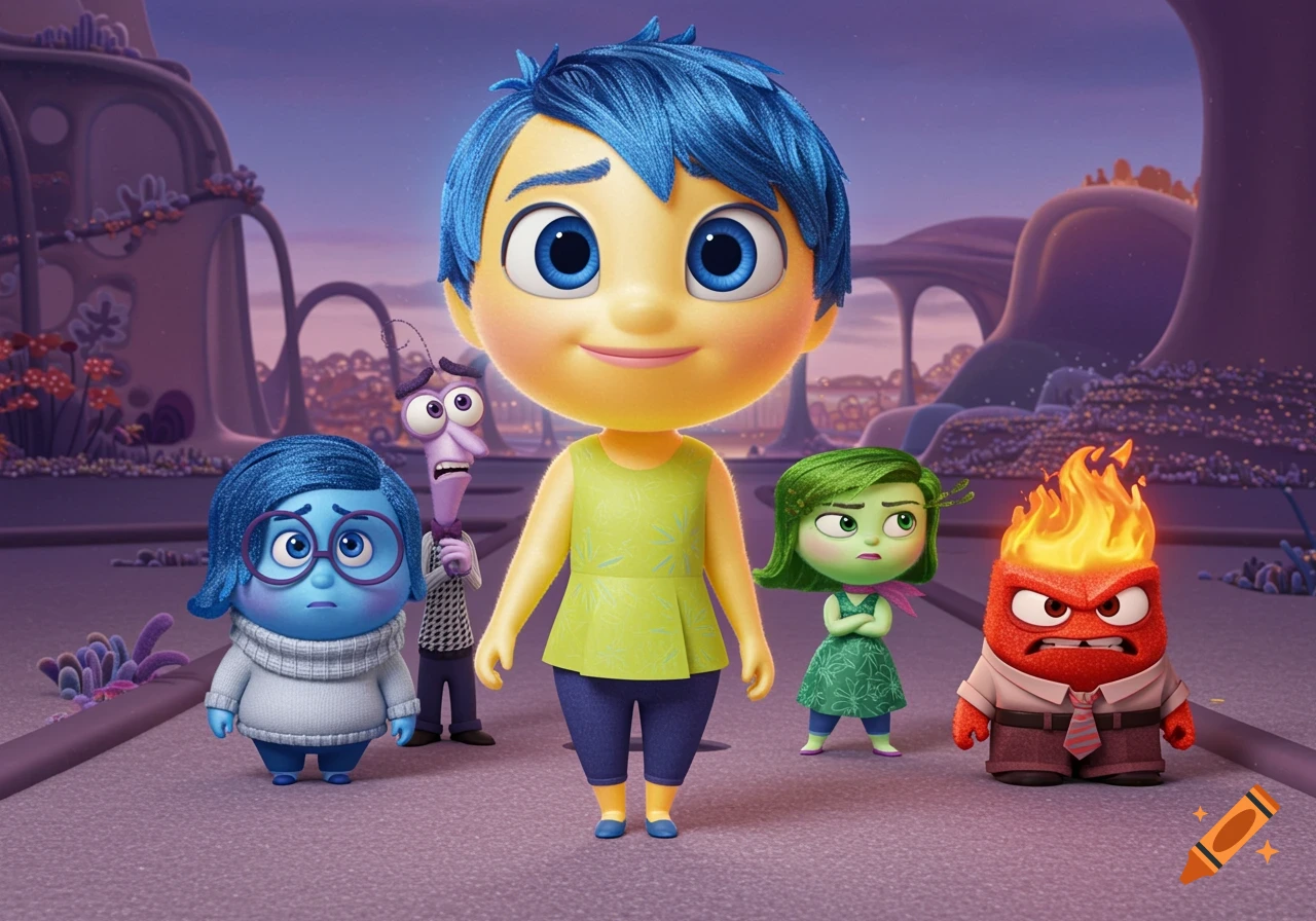 Characters from Inside Out, Joy, Sadness, Fear, Anger, and Disgust, stand outside.