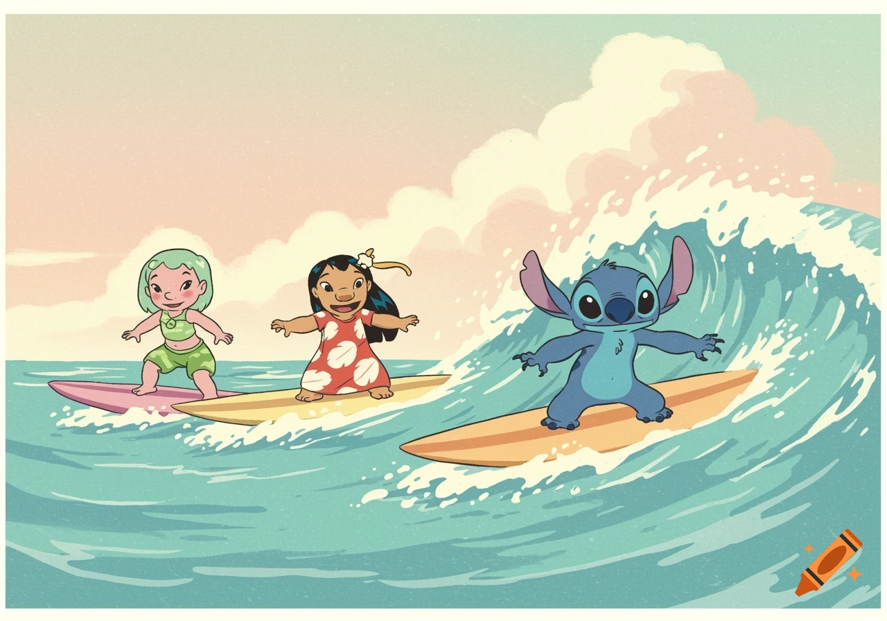 Lilo, Stitch, and a girl surfing on waves in a cartoon style.
