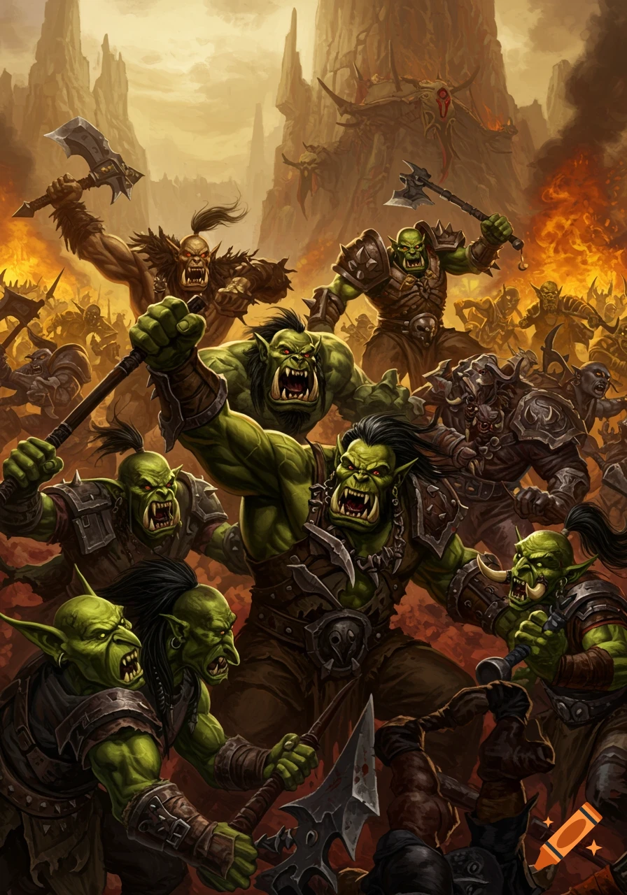 Detailed fantasy illustration of a horde of orcs and goblins in battle.