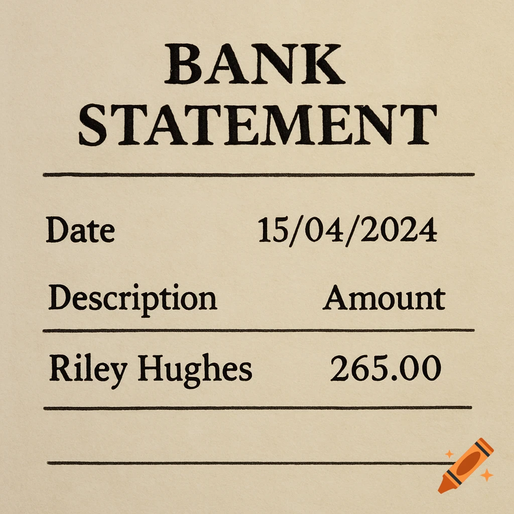 A close-up view of a bank statement showing transactions for Riley Hughes amounting to 265.00.