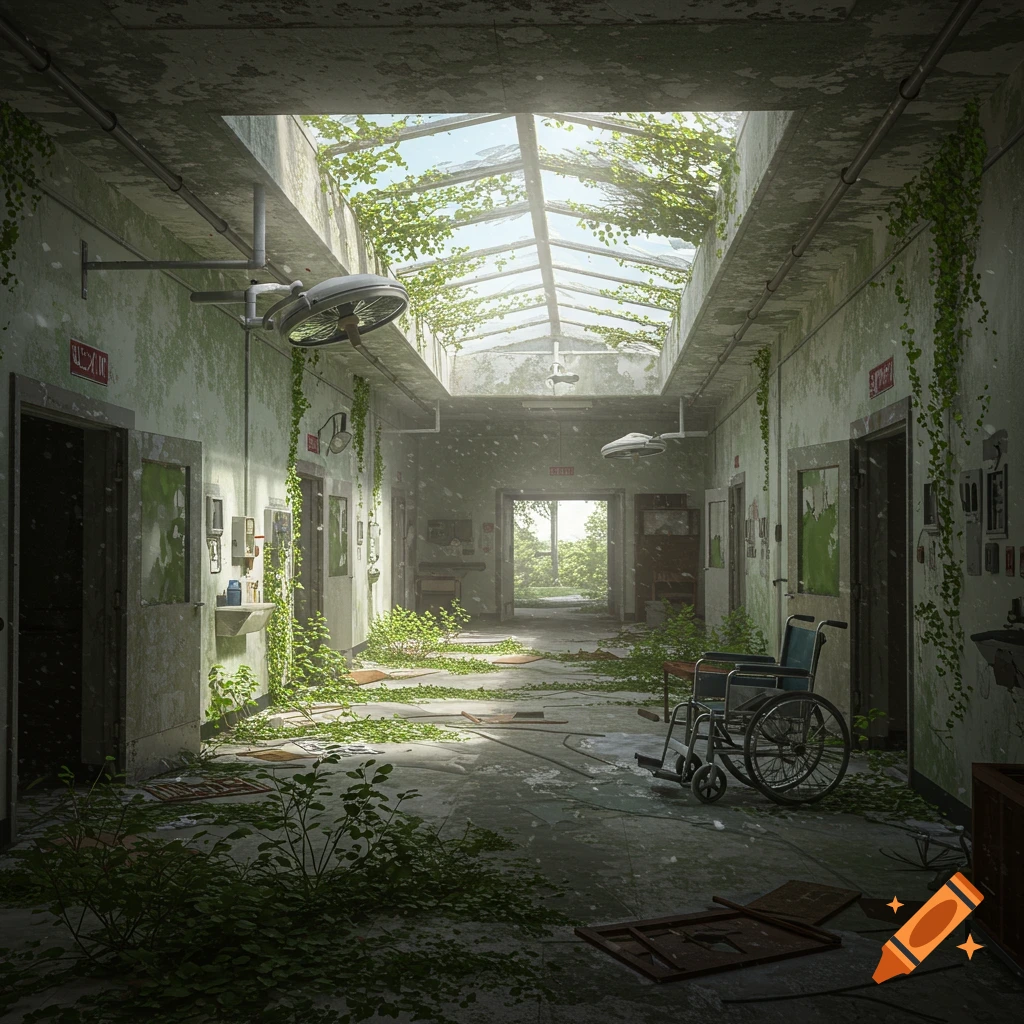 Abandoned hospital corridor with skylight, plants growing, and a wheelchair.