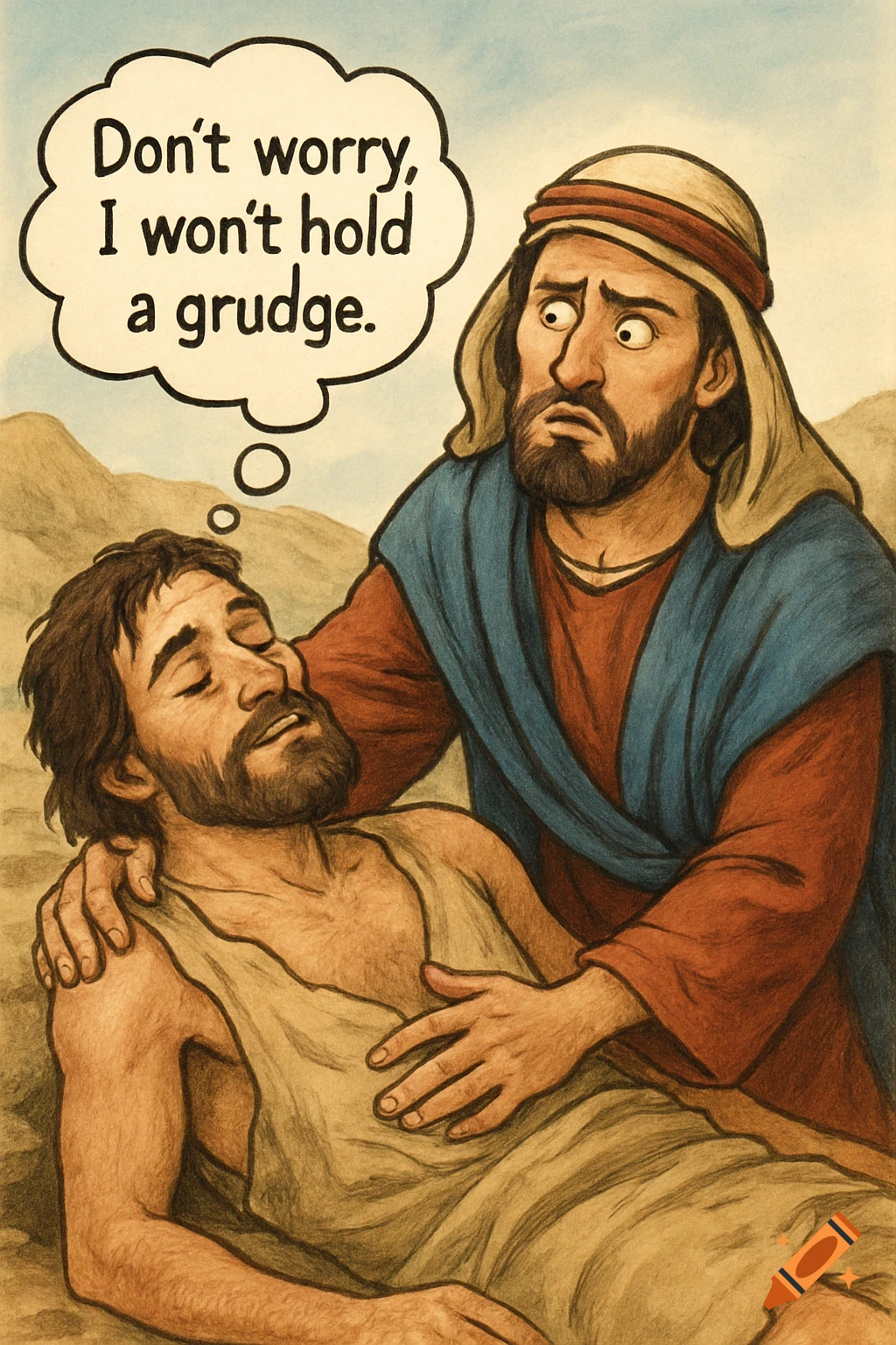 Biblical illustration of one man helping another, with a text bubble saying 'Don't worry, I won't hold a grudge'.