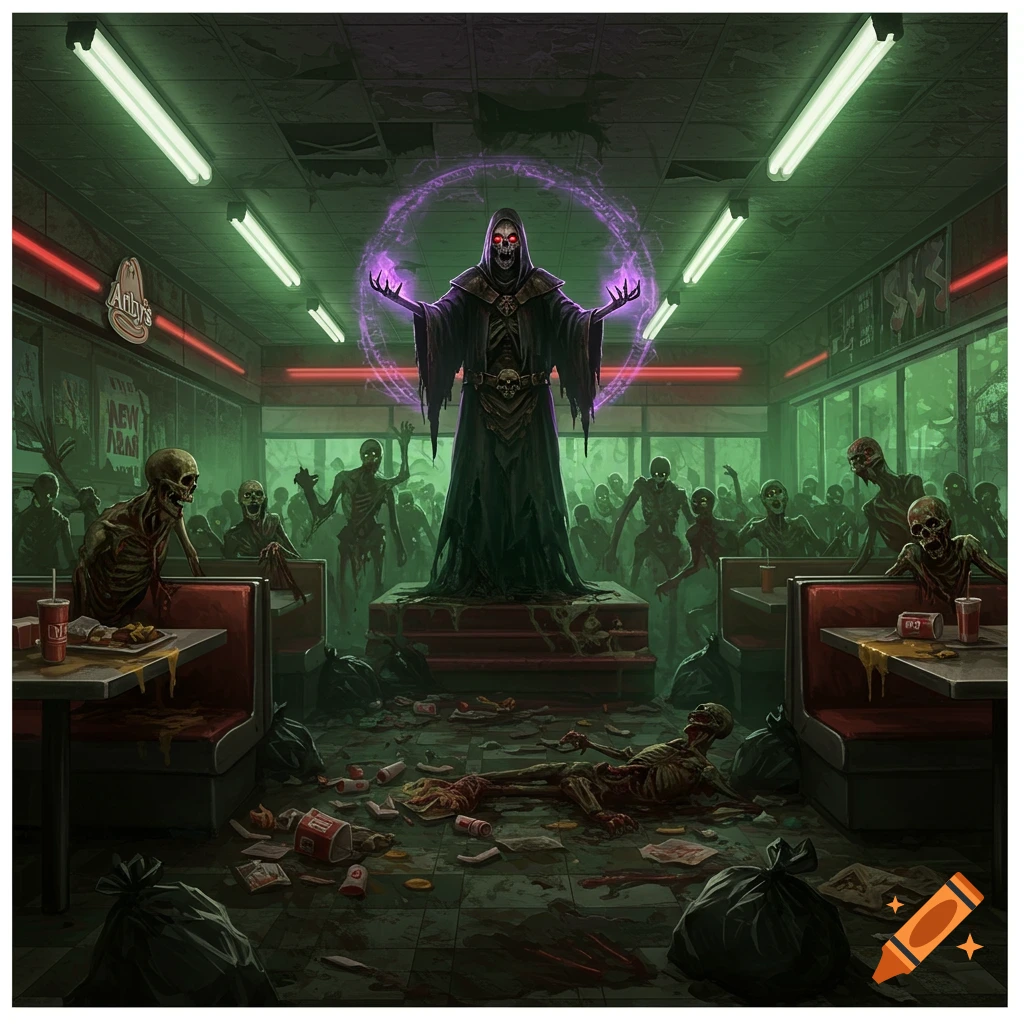 A lich stands in a trash-filled Arby's restaurant, summoning a horde of zombies. The scene is dark and gruesome.