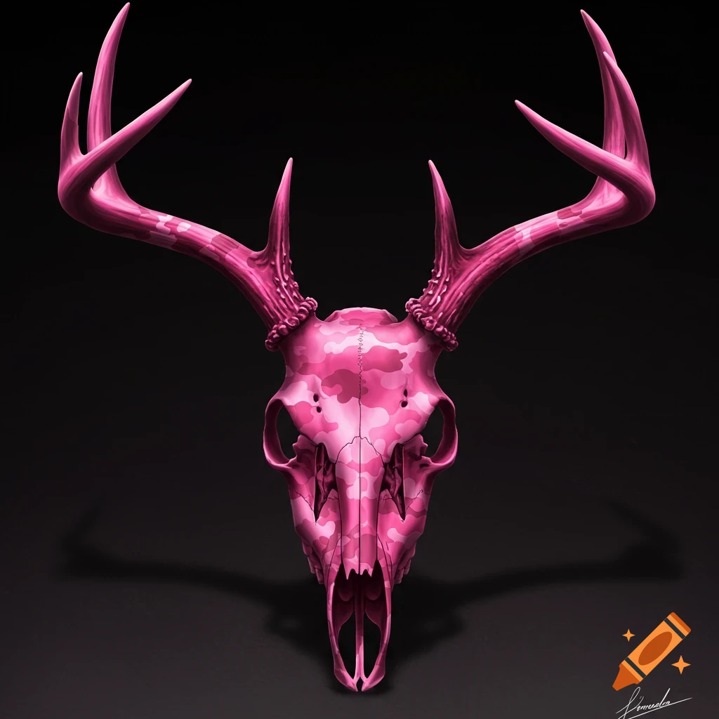 A deer skull with pink camouflage pattern on a dark background.