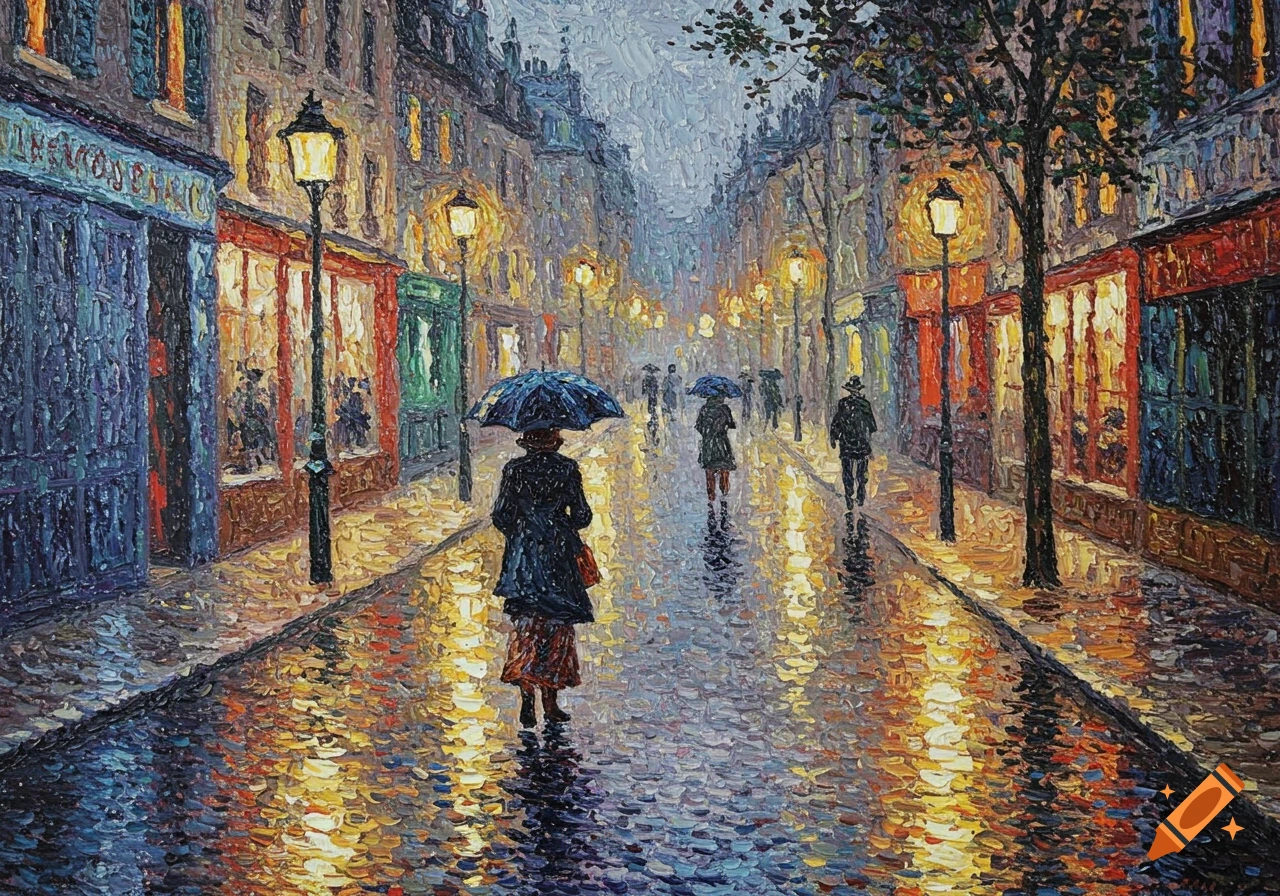 Impressionist painting of a rainy city street with people and umbrellas.
