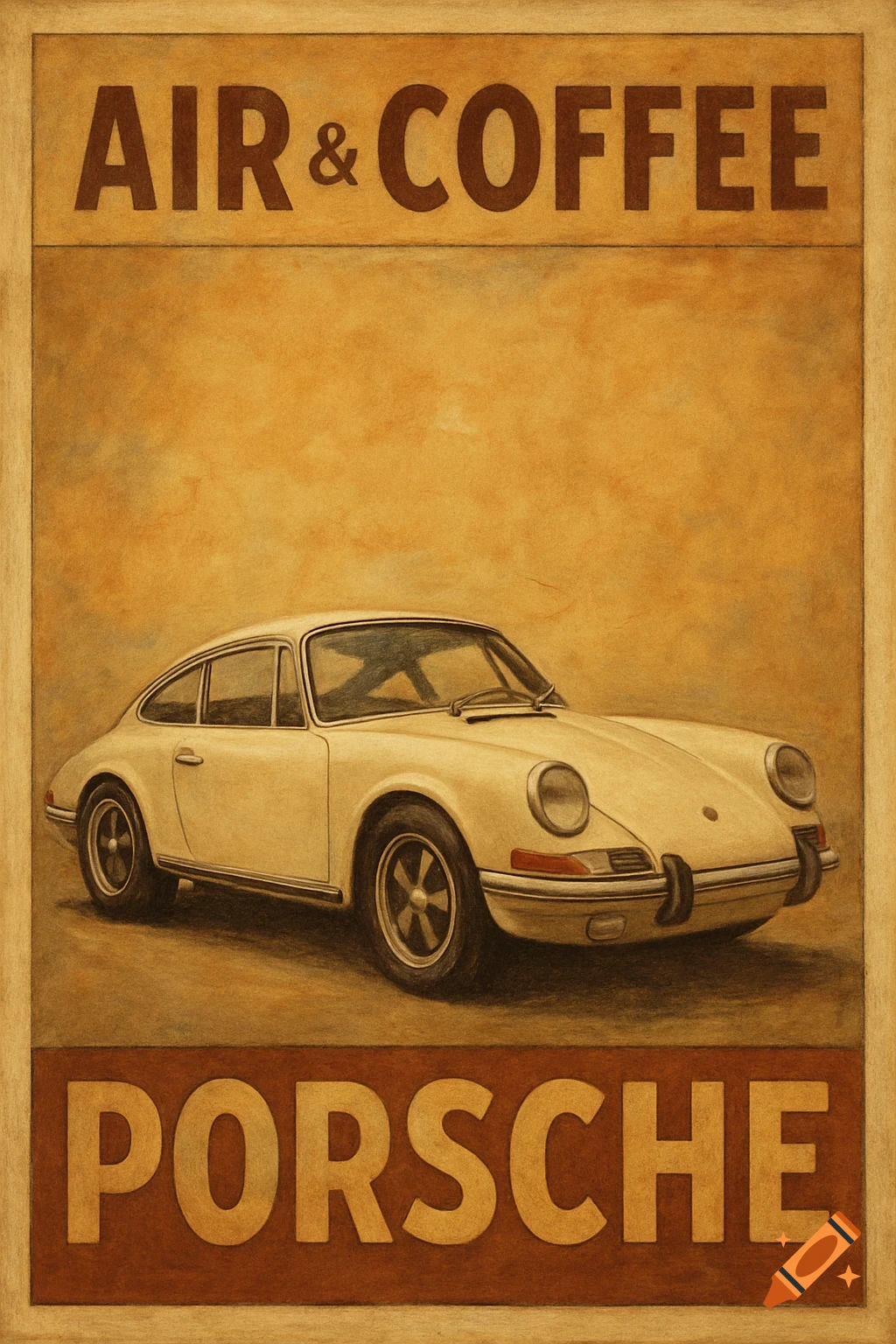 Vintage style poster featuring a white Porsche car with 'AIR & COFFEE' above and 'PORSCHE' below.