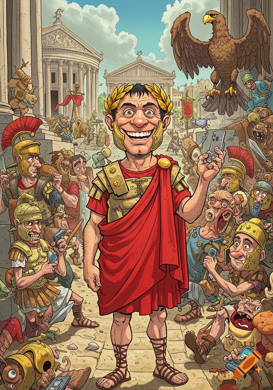 Cartoon Roman general takes a selfie among other cartoon Romans with phones in a crowded street scene, in a caricature style.