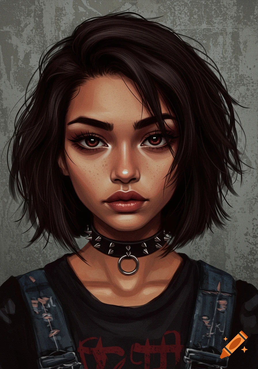 Digital painting portrait of a young woman with short dark hair, a spiked choker, and a grunge aesthetic.