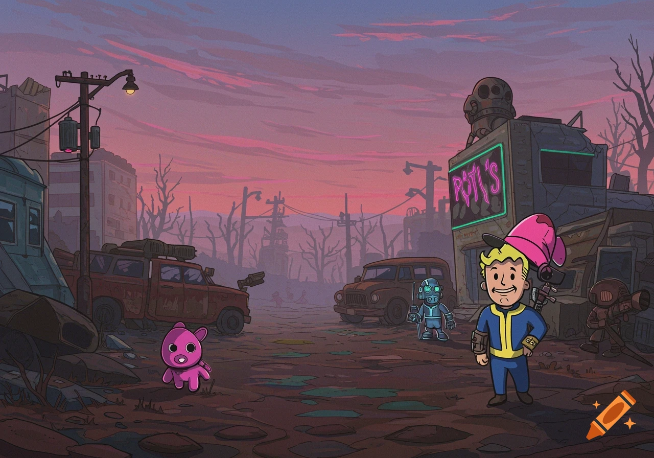 Cartoon post-apocalyptic scene with Vault Boy, robot, and teddy bear in a ruined street at sunset