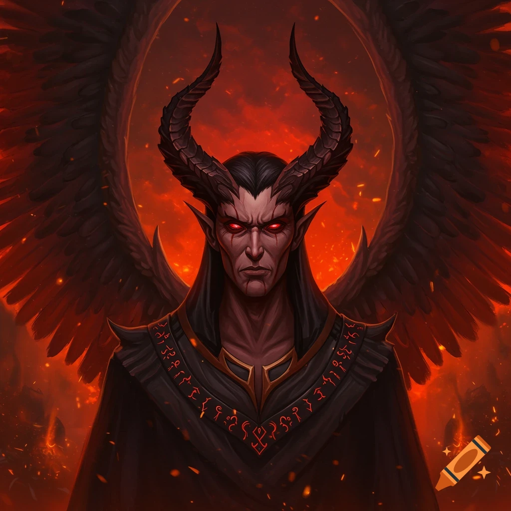 A dark figure with horns, pointed ears, glowing red eyes, and large wings stands against a fiery red background.