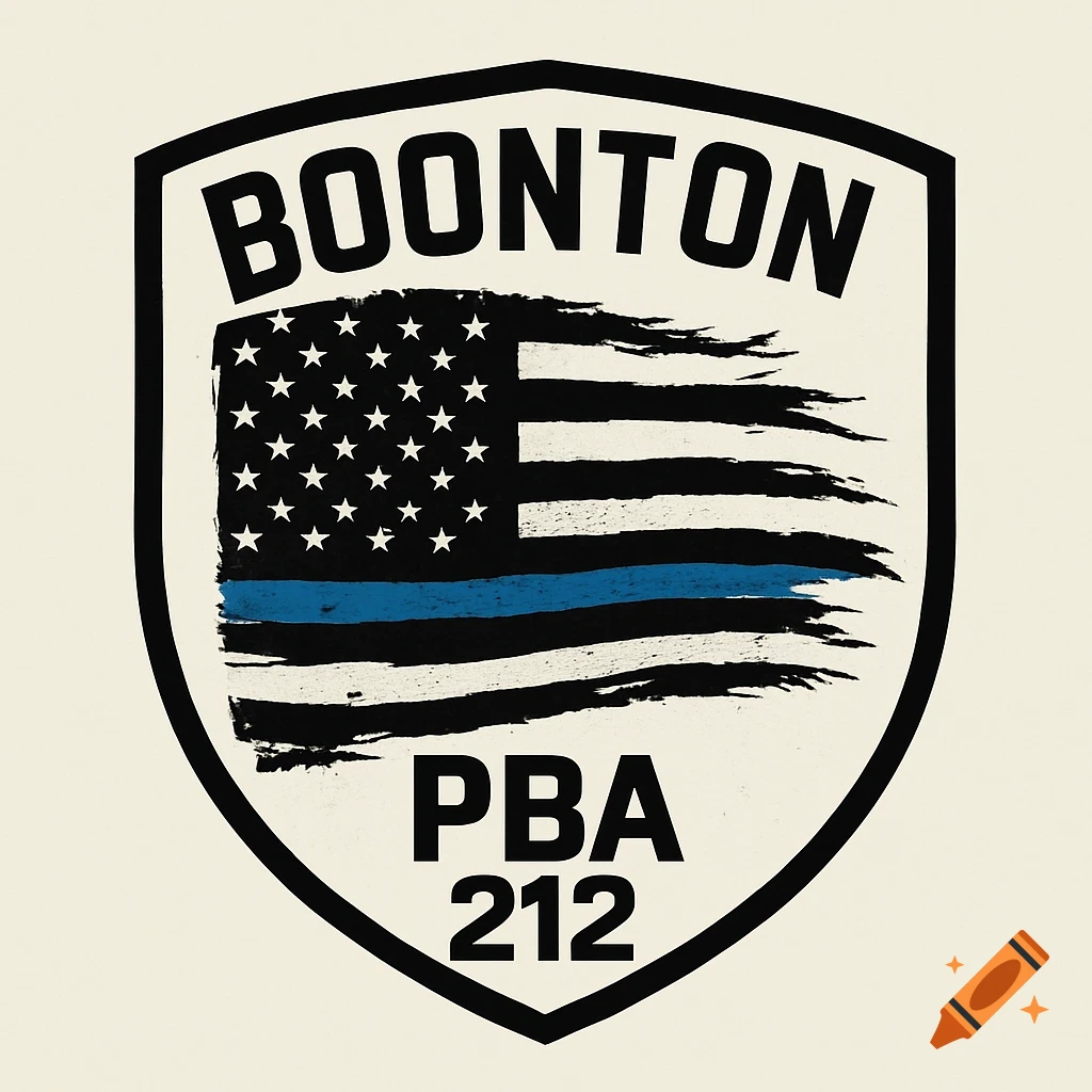 Shield logo with BOONTON, a distressed blue line American flag, and PBA 212