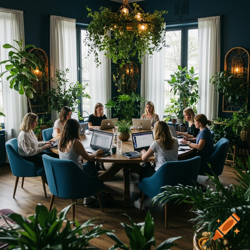 Women working on laptops around a wooden table in a room filled with plants