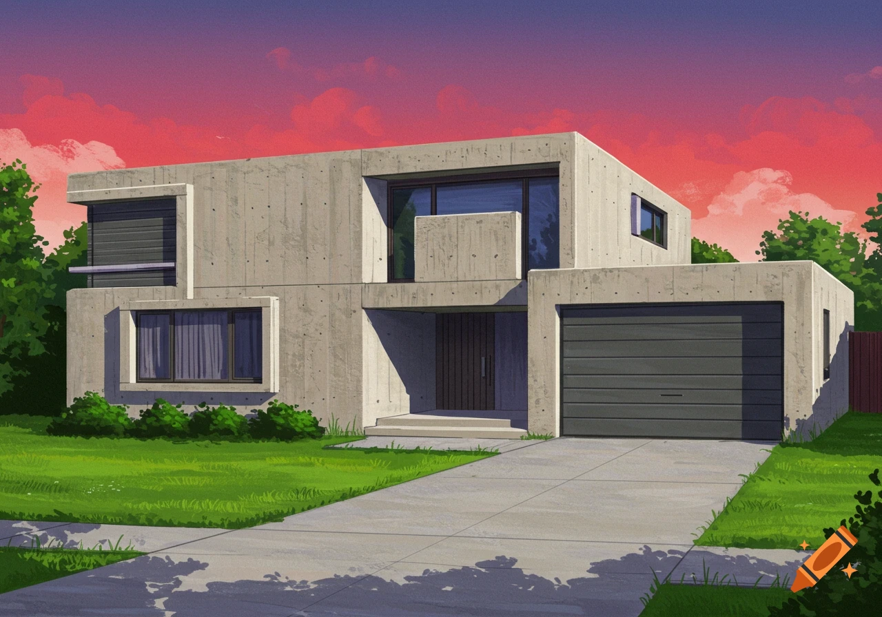 Illustration of a concrete Brutalist house with a driveway, garage, and ...