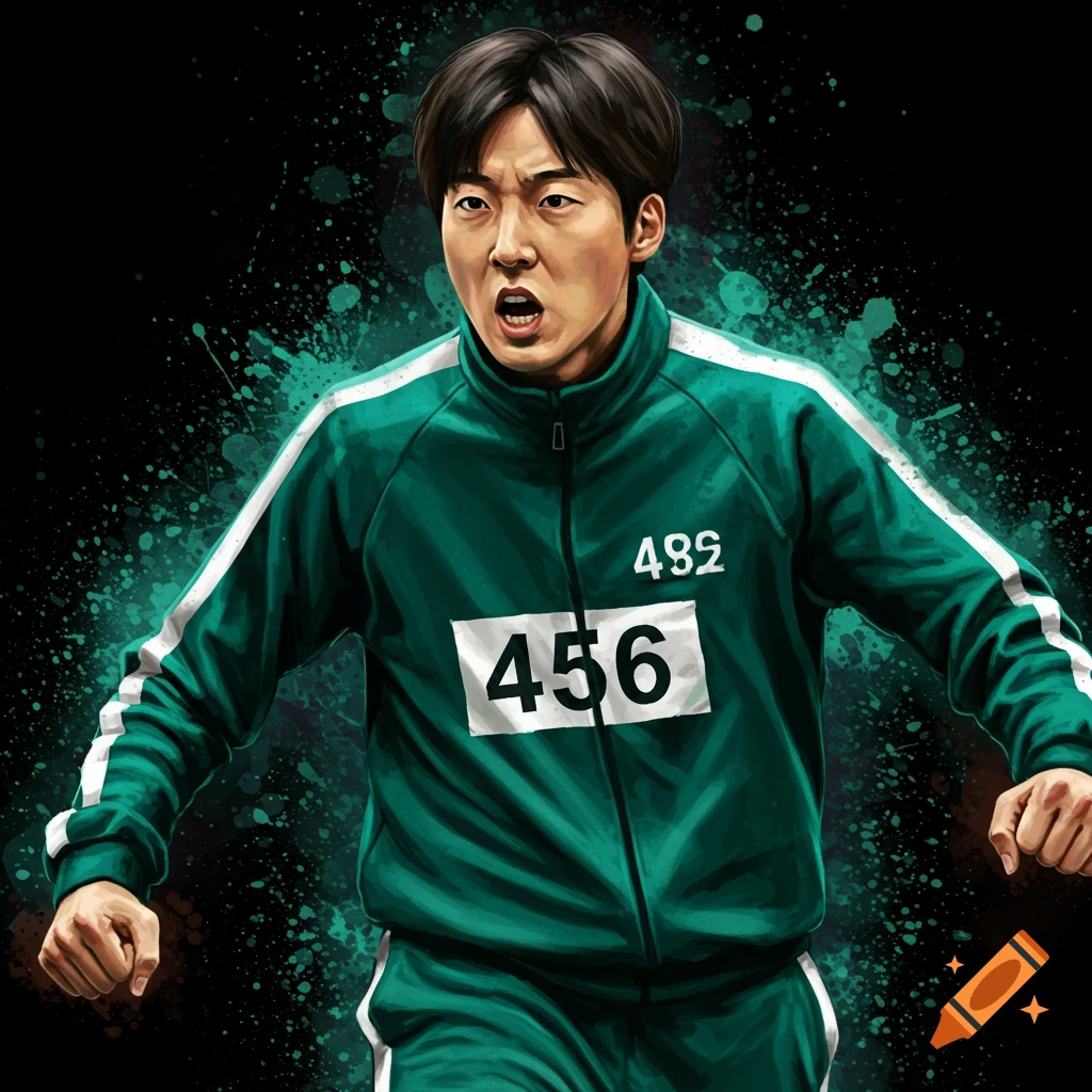 Stylized portrait of a person in a green tracksuit with the number 456 and 492.