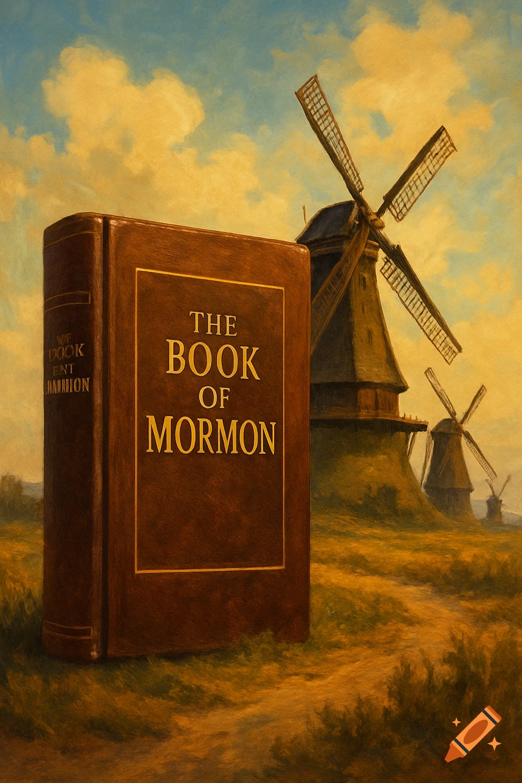 A painting of a large book titled 'The Book of Mormon' standing in a field with windmills in the background.