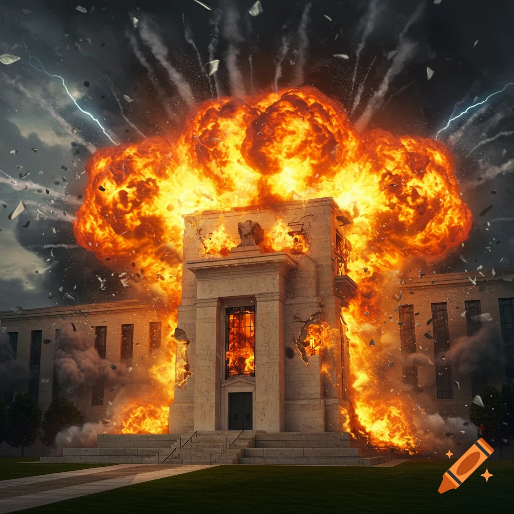 Large building exploding in a fiery blast with debris flying on Craiyon