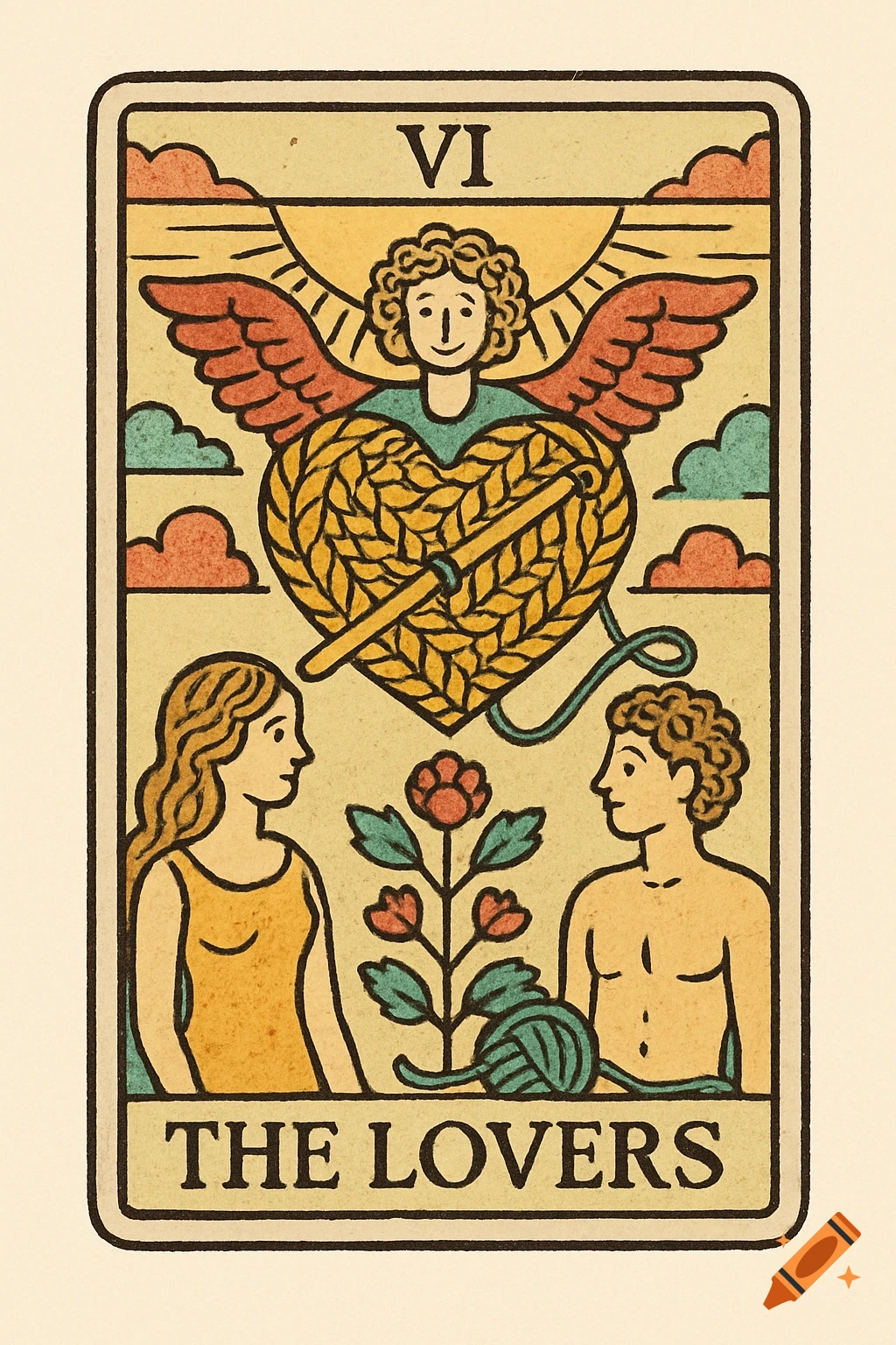Stylized illustration of The Lovers tarot card with angel, crochet heart, figures, and yarn.