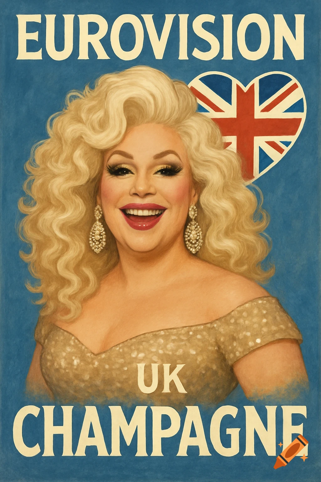 A drag queen in a gold dress smiles below "EUROVISION" text and a UK flag heart, with "UK CHAMPAGNE" below.