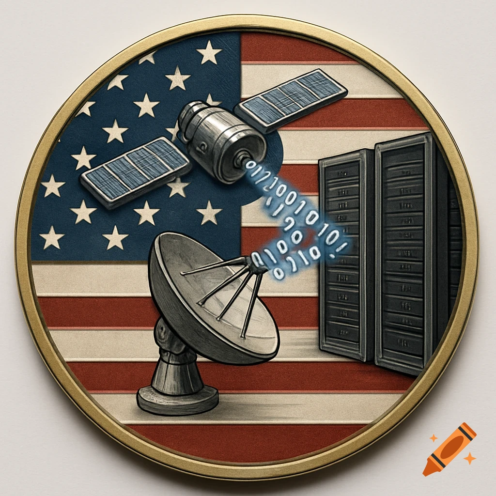 A challenge coin featuring the American flag, a satellite emitting binary data to a radar dish, and server racks.