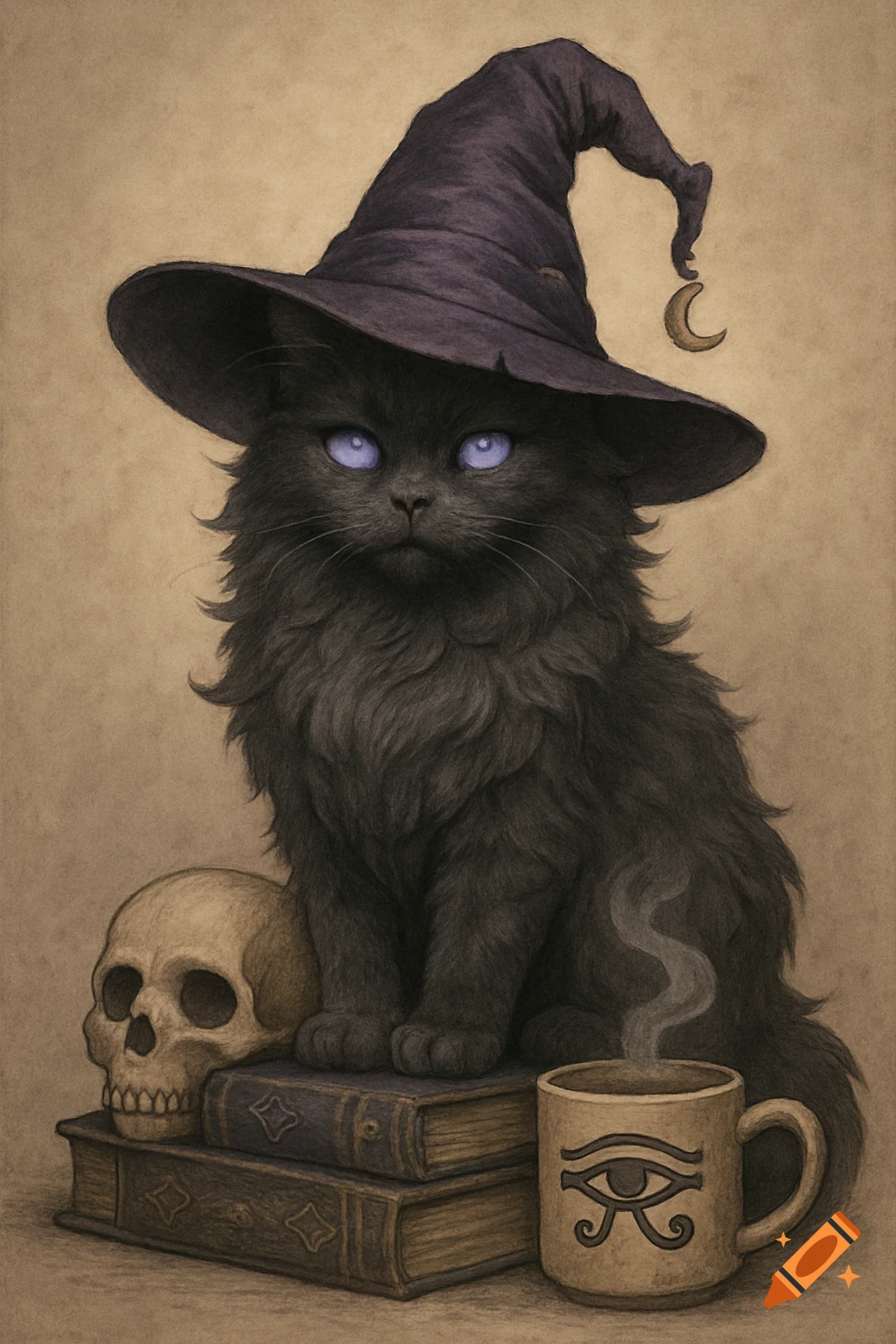 Black cat in witch hat sits on spell books beside a skull and coffee ...