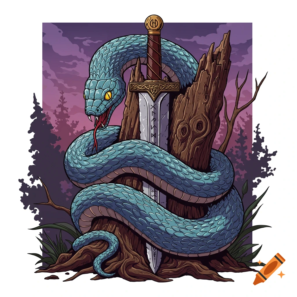 Illustration of a blue snake coiled around a dead tree trunk with a viking sword stuck in it.