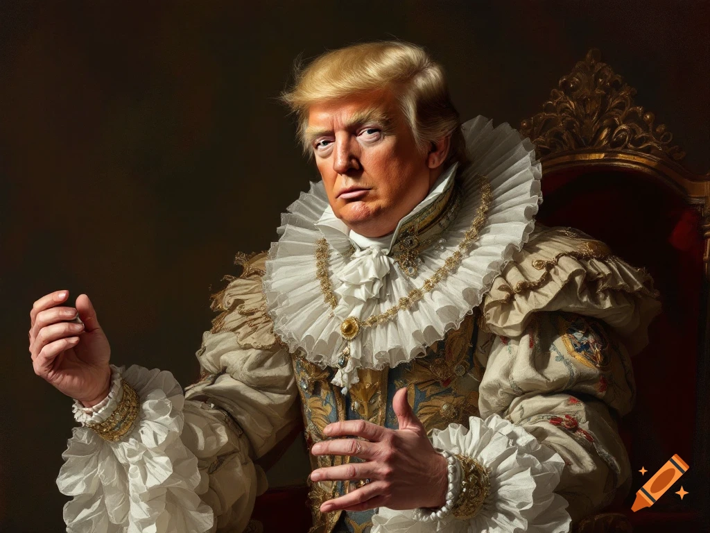 Portrait of Donald Trump in elaborate historical clothing, sitting on a throne.