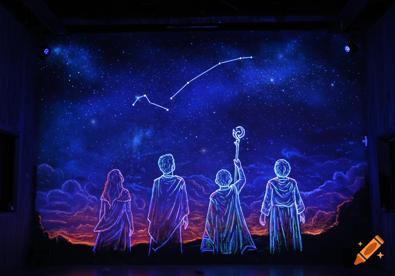 Mural of figures looking at a constellation in a starry night sky