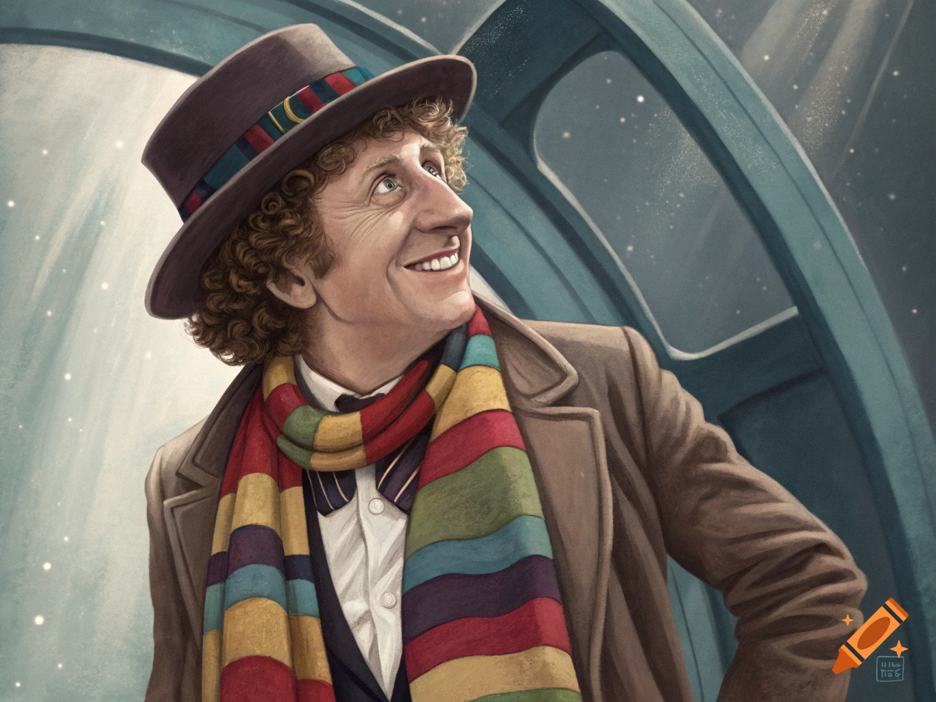 A stylized portrait of the Fourth Doctor from Doctor Who wearing a fedora and long striped scarf, looking up and smiling.