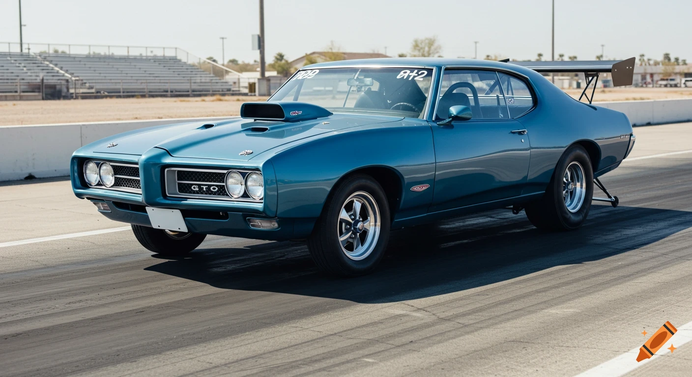 Blue classic Pontiac GTO gasser on a drag strip